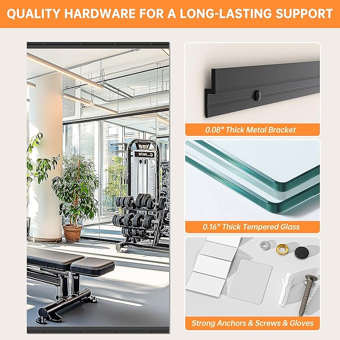 Hasipu 95"x40" Frameless Wall Mounted Mirror, Tempered Glass Home Gym Mirrors, Large Workout Mirror with Glass Clamps Aluminum Rail for Home Gym, Yoga Studio, Dressing Living Room