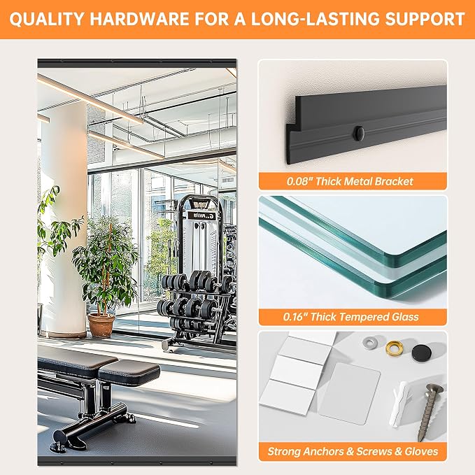 Hasipu 2 Pcs 79''x35'' Home Gym Mirror Large Full Length Wall Mounted Full Body Mirror for Yoga Dance Fitness Exercise Studio Bedroom Garage, Frameless Tempered Glass Workout Mirrors Black Rectangular