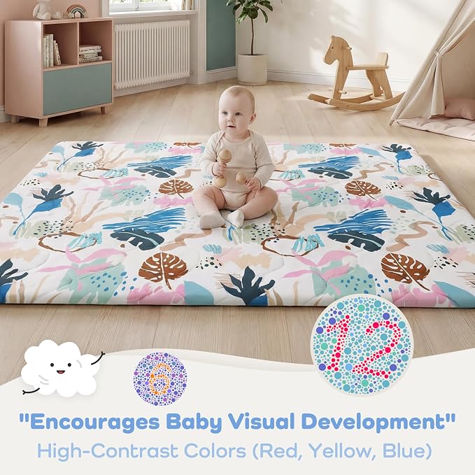1.6" Thick Baby Play Mat, 71x59 Removable & Machine Washable Cover | Padded Memory Foam, Non-Slip Backing, 100% Baby-Safe Materials, Tummy Time Crawling, Outdoor, Bedroom, Living Room, Nursery