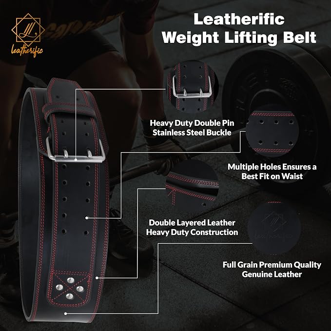 Premium Leather Weight Lifting Belt for Men & Women - 8MM Thick, 4" Wide, Heavy Duty Gym Belt with Steel Buckle for Weightlifting, Powerlifting, Strength Training, Squat or Deadlift Workout, Lower Back Support