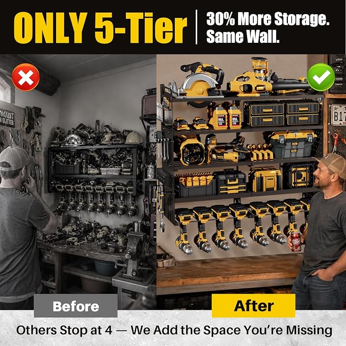 5-Tier Power Tool Organizer Wall Mount, 4-Outlet Charging Station, Garage Storage Rack with 8 Drill Holders, 34" Heavy Duty Metal Utility Shelf, Holds Over 30 Tools for Garage Workshop