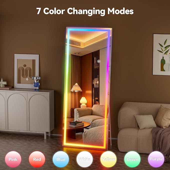 Hasipu 83"x35" LED RGB Bluetooth Home Gym Mirror Full Length with Lights, Wall Mount & Free Standing Full Body Mirror for Bedroom Workout Yoga, Detachable Stand, 7 Color & Brightness Adjustable