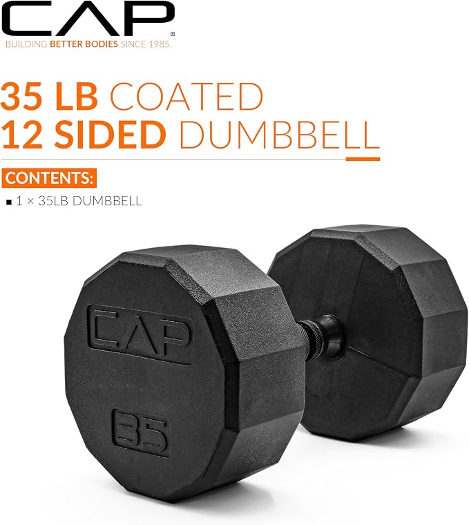 CAP Rubber Coated Dumbbell Weights, Free Weights for Home Gym Strength Training, Anti-Roll Hex Dumbbells with Black, Chrome & Comfort Grip Handles, Singles