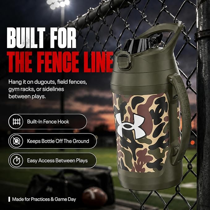 Under Armour Insulated Water Bottle with Handle & Fence Hook, Half Gallon Sports Water Jug, Leak-Resistant & BPA-Free for Baseball, Football & Gym - Green Hyper Camo, 64oz