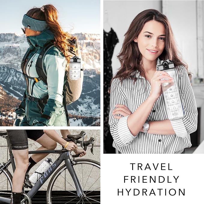 Hyeta Water Bottle with Straw & Time Marker, Plastic 32oz Leakproof | Motivational Tritan BPA Free Gym Office Outdoor Intake Tracker Hourly Reminder Straw Lid Carry Strap