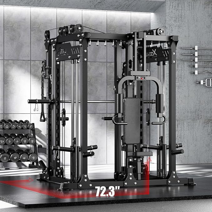 Smith Machine with Cable Crossover System, Multi-Function Power Cage Squat Rack for Home Gym, Power Rack and Packages Weight Sets.