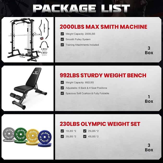 SR01 Smith Machine, 2000LBS Multi-Function Power Cage with LAT Pulldown System, All-in-One Home Gym Squat Rack with Smith Bar and Training Attachments for Full Body Workouts