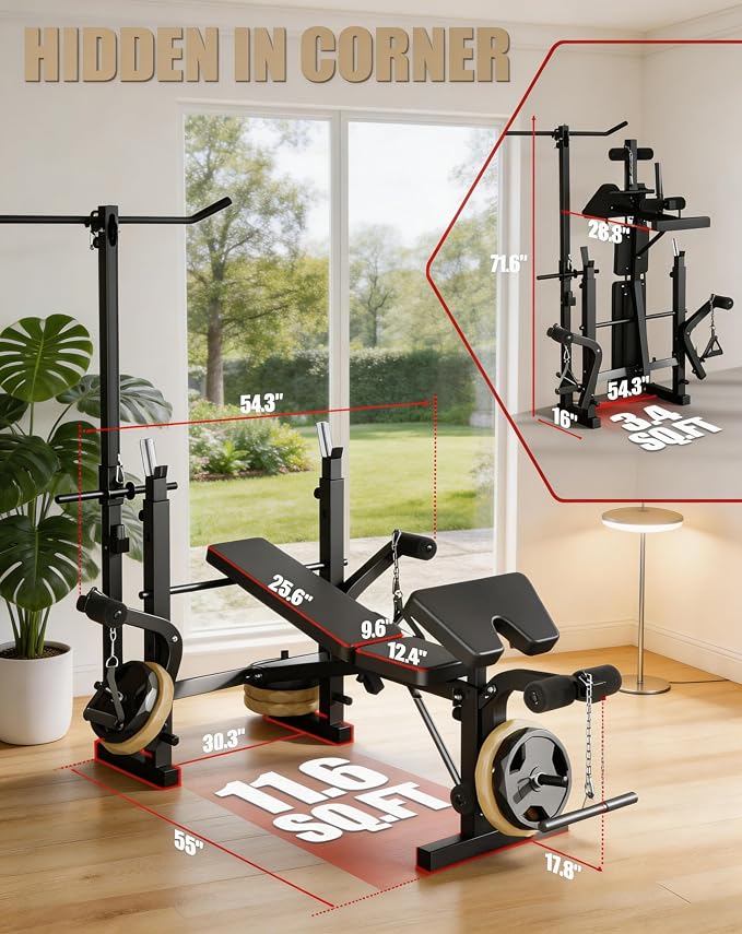 Weight Bench with Leg Extension & Preacher Curl, 8-in-1 Adjustable Bench | Bench Press Set with Squat Rack, 1000LB Capacity Foldable Workout Bench for Home Gym, Full Body Strength Training Equipment