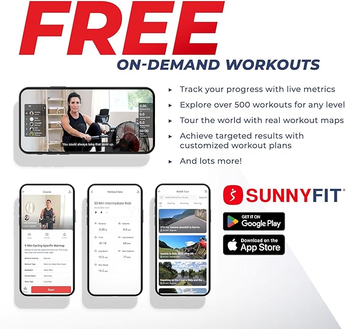 Sunny Health & Fitness Smart Magnetic Rowing Machine with Extra Long Rail