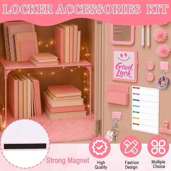 17 PCS Locker Accessories for Girls Locker Decoration Kit with Locker Shelf Magnetic Mirror Whiteboard Pen Holder Rug Wallpaper Lights Locker Organizer Set for School Dorm Gym Office (Pink)