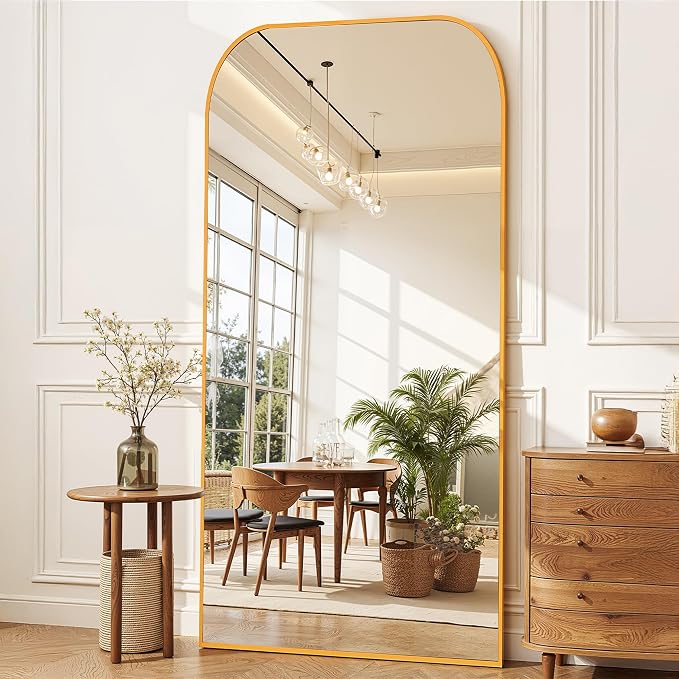 Full Length Mirror with Stand 76"x34" Floor Mirror Freestanding, Arched Floor Standing Large Mirrors Full Body Wall Hanging Leaning Home Decor for Bedroom & Living Room, Gold