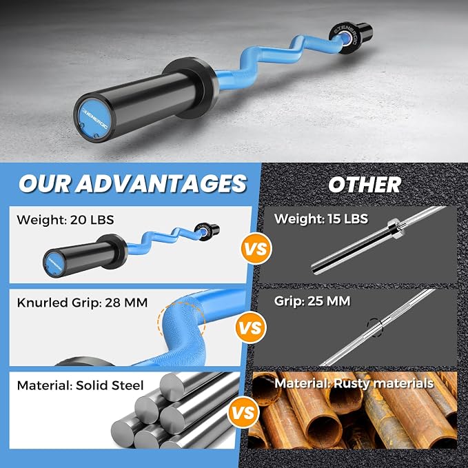 47” Solid Steel Olympic Curl Bars, 500LB | EZ and Super EZ curl bars with knurled grips, rotating sleeves, solid steel build, and 2-inch Olympic plate compatibility