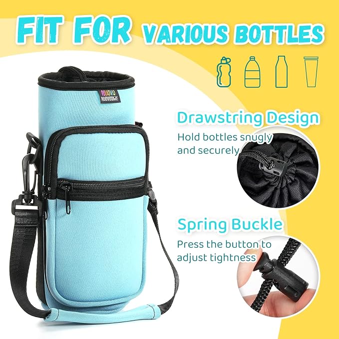 Nuovoware Water Bottle Carrier Bag, 25oz/32oz, Dusty Blue | Adjustable Shoulder Hand Strap, 2 Pocket, Neoprene Sleeve, For Hiking Travelling Camping