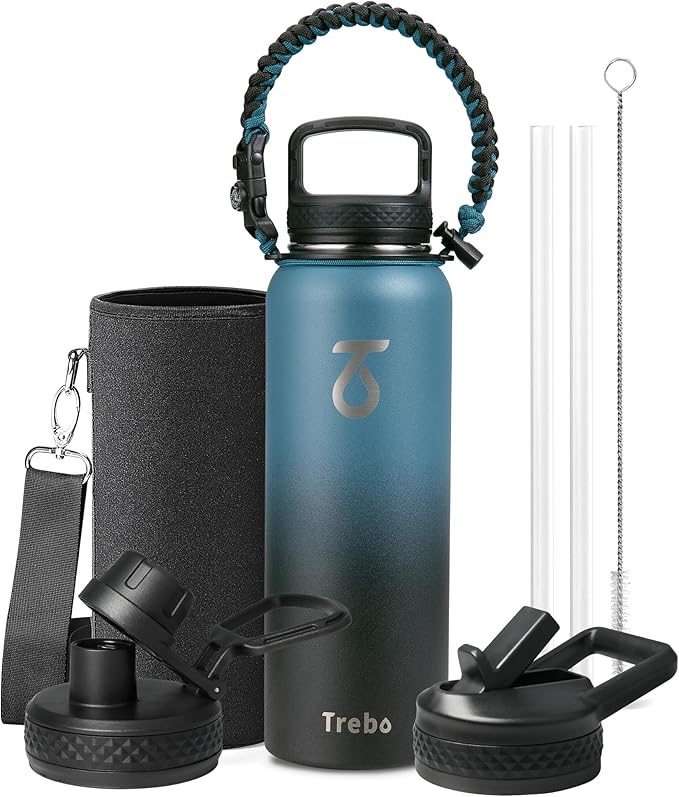 Trebo Water Bottle Insulated 40 oz with 3 Lids, Paracord Handle & Sleeve | Stainless Steel Flask Vacuum, Triple Wall Copper Plated, Dishwasher Safe, Keeps Cold 48Hrs for Hiking, Gym, Wide Mouth