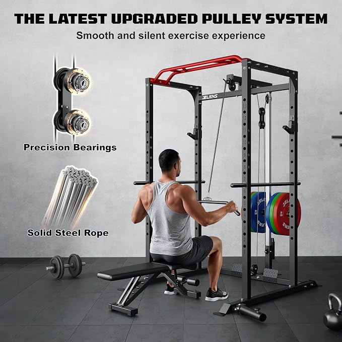 JELENS S11 Power Cage, 2000LB Multi-Function Power Rack with LAT Pulldown, Squat Rack with Adjustable Pulley System and Training Attachments, Weight Rack for Home Gym