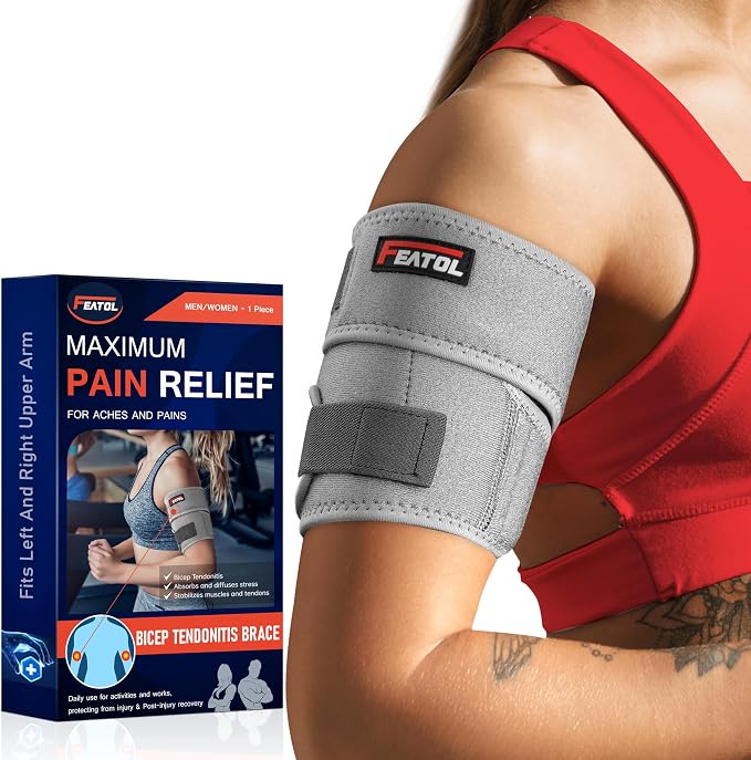 FEATOL Bicep Tendonitis Brace Compression Sleeve Support, Upper Arm Brace Tricep Bicep Support Bands for Men and Women, Arm Wrap Pain Relief for Muscle Strains and Inflammation(Gray, Small)