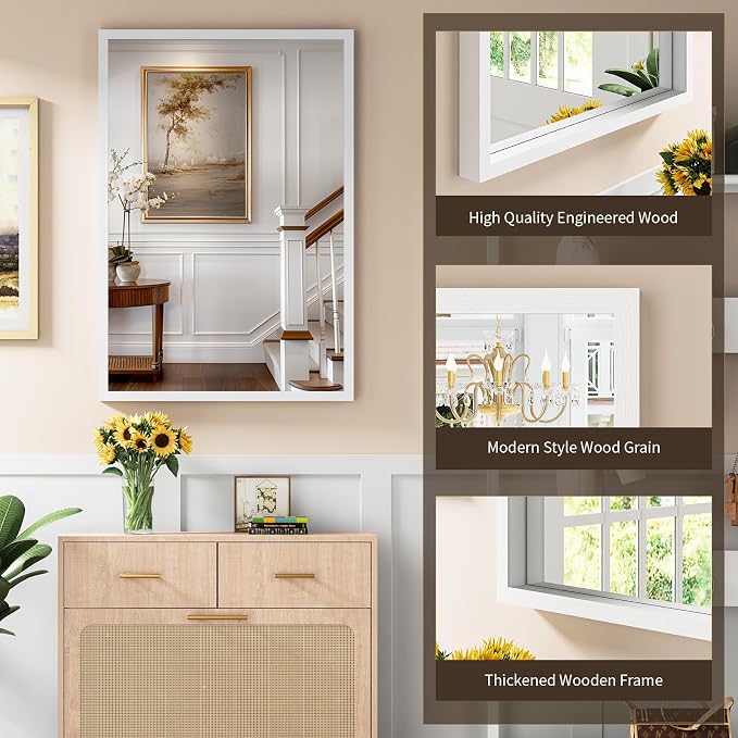 Syndra White Wood Frame Bathroom Mirror, 24''x36'' Modern Vanity Mirror for Wall, Waterproof Slim Deep Frame, Rectangular HD Tempered Glass Mirror for Living Room, Bedroom, Entryway, Rustic, Farmhouse