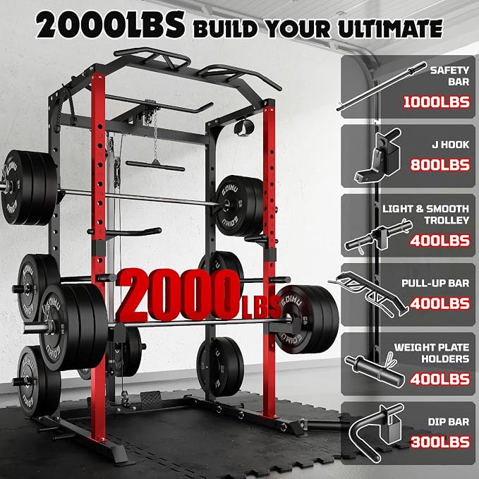 C1-V4 Power Cage, 2000LBS Squat Rack with LAT Pulldown, Multi-Function Weight Cage Strength Training Machine, Workout Cage with More Attachments for Home Gym Garage
