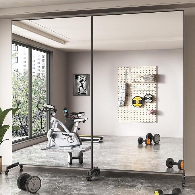 Home Gym Rolling Mirror 82"x44" – Extra Large Full Length Mirror with Wheels, Mobile Tempered Glass Floor Mirror, 360° Swivel, for Workout, Garage, Dance Studio, Yoga, Bedroom, Black