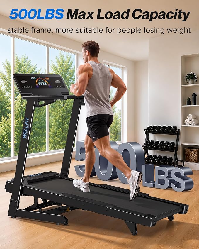 WELLFIT Treadmill with 15% Auto Incline, Foldable Heavy Duty Treadmill | 5.0HP, 10 MPH, 500 lbs Capacity, 20'' x 50'' Running Area Treadmills with Pulse Sensor, Bluetooth Player & Large LED Display