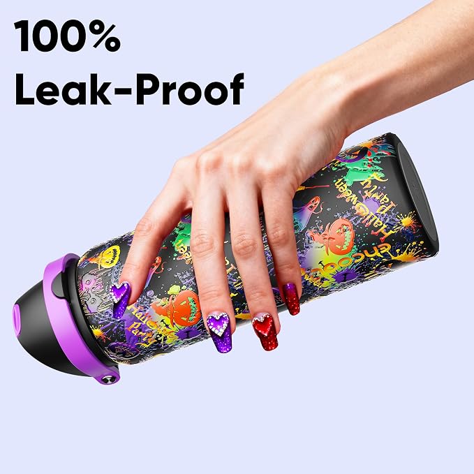 Insulated Water Bottle with Straw - Encool Stainless Steel Water Bottle with Push Button Lid, Leak-Proof & BPA-Free, Keeps Cold for 24 Hours for Sports, Travel, Gym (32 oz, Ghost Party)
