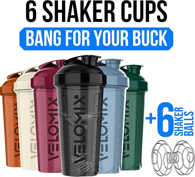 VELOMIX 6 Pack 28oz Protein Shaker Bottle for Protein Mixes, Earth Tones | 6x Wire Whisk, Leak Proof Shaker Cups for Protein Shakes, Stackable, Multipack Value Set for Home, Gym, Office and Car