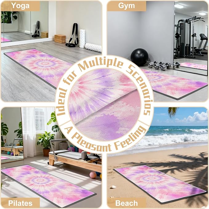 Yoga Mat Towel Non Slip Ultra-Absorbent Hot Yoga Towel, Super Stylish Printed Sweat Hot Yoga Towel, Ideal for Home, Workouts, Pilates, Yoga, 72 x 27in, Purple & Pink Tie Dye