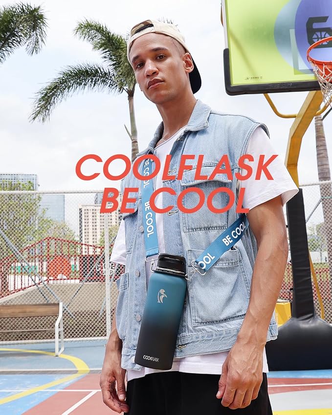 Coolflask 40 oz Water Bottle Insulated Stainless Steel with Strap | Metal Water Flask with Straw & Spout Lids, Triple-Wall, Cold 48+h, Dishwasher Safe, Leakproof, BPA-Free, for Gym & Hiking