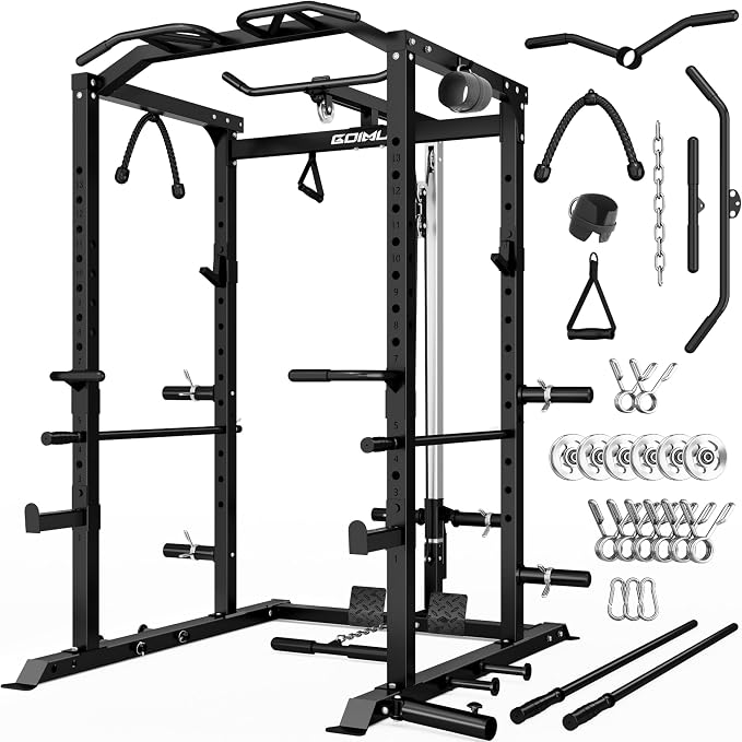 C1-V4 Power Cage, 2000LBS Squat Rack with LAT Pulldown, Multi-Function Weight Cage Strength Training Machine, Workout Cage with More Attachments for Home Gym Garage