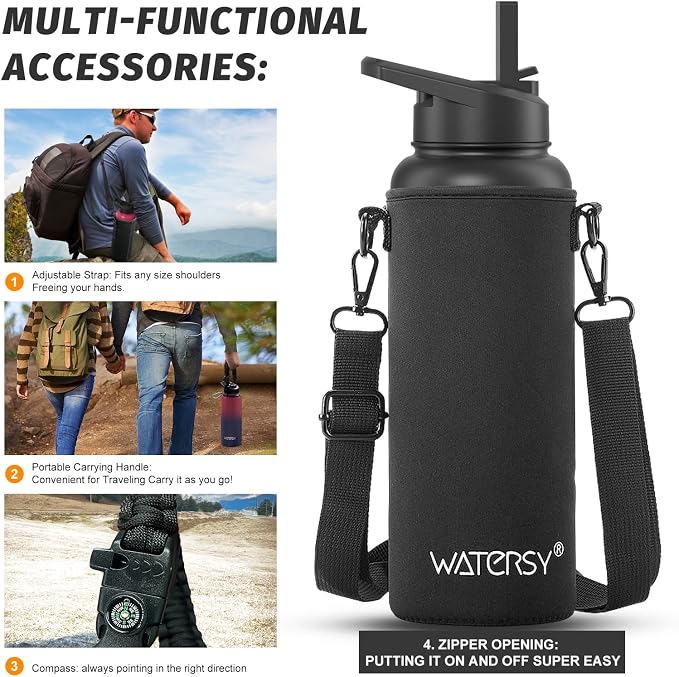 40oz Insulated Water Bottle (Cold for 48 Hrs),BPA Free&Leak Proof,Stainless Steel Water Flask,Water Jug with Straw Spout Lids for Gym,Hiking,Travel,Black