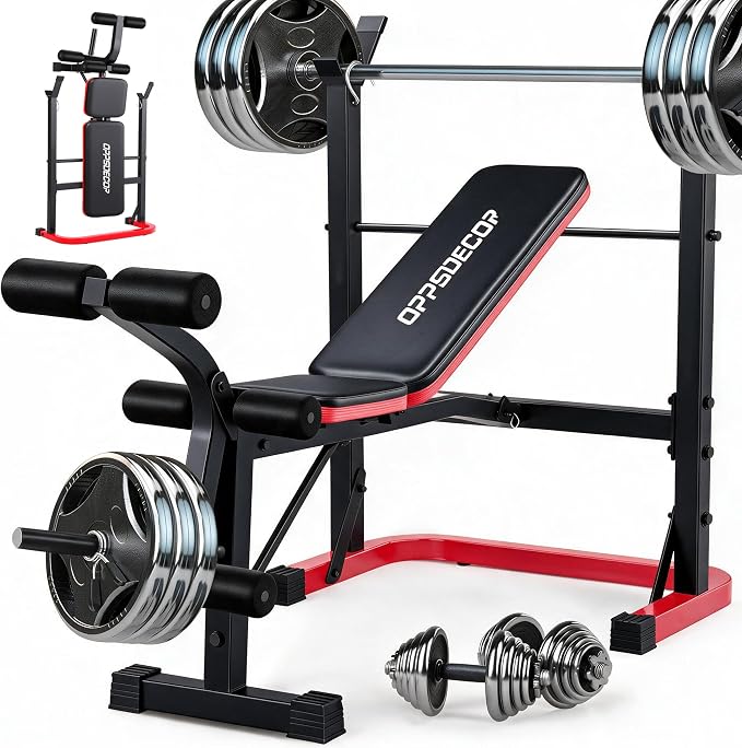 OPPSDECOR Foldable Weight Bench Set with Squat Rack and Preacher Curl Pad | Preacher Curl Bench, Leg Extension and Curl, 660lb Capacit Incline Decline Flat, Foldable Home Gym, For Women Teens Beginners