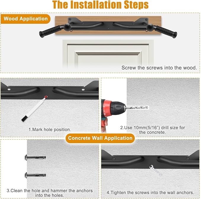 Kipika Heavy Duty Wall Mounted Doorway Pull Up Bar, Multifunctional Chin Up Bar, Portable Fitness Door Bar, Body Workout Home Gym System