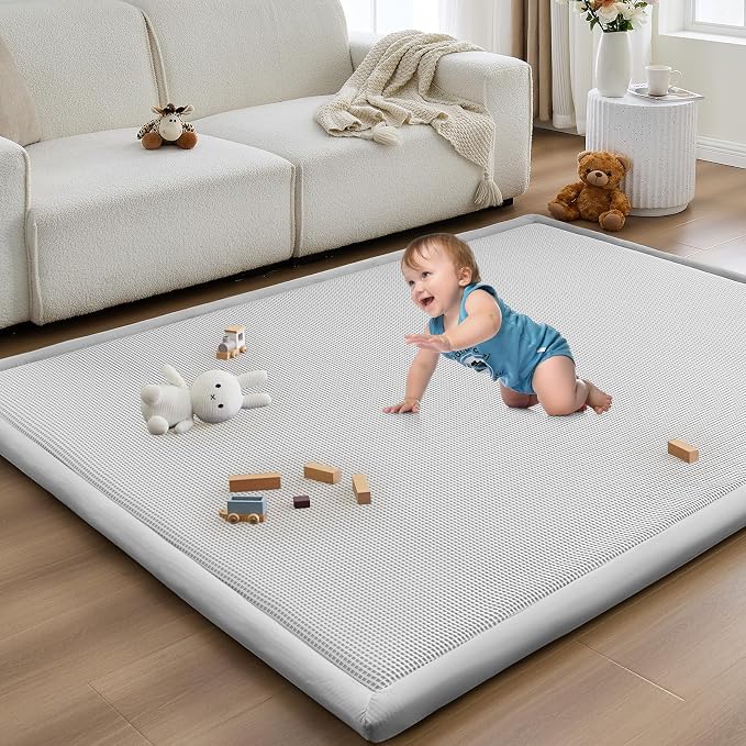 Baby Play Mat for Floor Tummy Time Nursery Rug Muscle Area Rug Playroom Rug 59x79" Elastic Foam 1.3" Thick Crawling Mat for Babies,Toddlers, Infants,Kids(Plaid Light Grey)