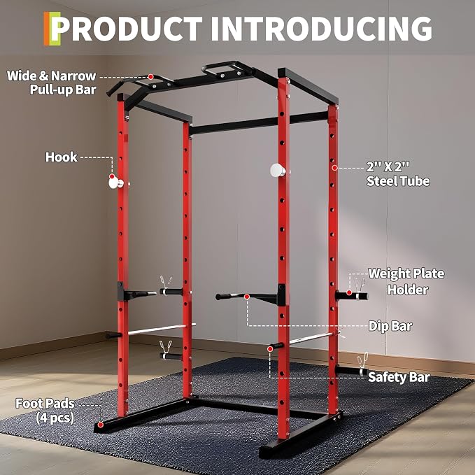 GarveeLife Compact Power Cage for Home Gym, 1100 LB Capacity Power Rack with Pull-Up Bar, Dip Station, Safety Bars & Weight Plate Storage, Squat Rack for Garage Gym