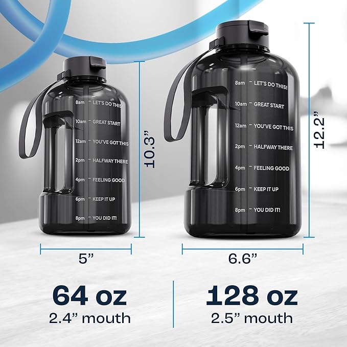 AQUAFIT 1 Gallon Water Bottle with Motivational Quotes | BPA Free 1 Gallon Water Bottle with Straw and Chug Lids - Leakproof Gym Water Bottle with Carry Handle (Midnight Gray)