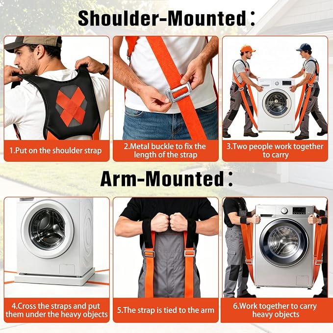 2-Person Lifting and Moving System—Anti-Slip Heavy Duty Moving Straps, Adjustable Shoulder Lifting Carrying Straps for Moving Furniture, appliances, and mattresses