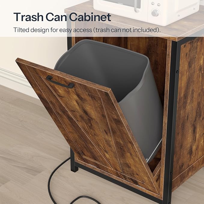 HOOBRO Bakers Rack with Power Outlet, Microwave Stand with Trash Can Storage, 3-Tier Coffee Bar Table with Storage Shelf for Kitchen, Dining Room, Living Room, Rustic Brown and Black BF22UHB01G1