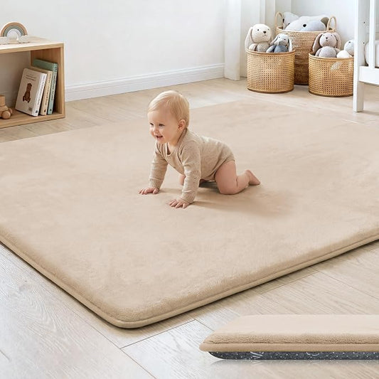 1.3" Thick Baby Floor Play Mat 59x79, Basic Padded Foam Mat for Tummy Time Crawling, Non Slip Cushioned for Babies Toddlers Infants Kids (Beige)
