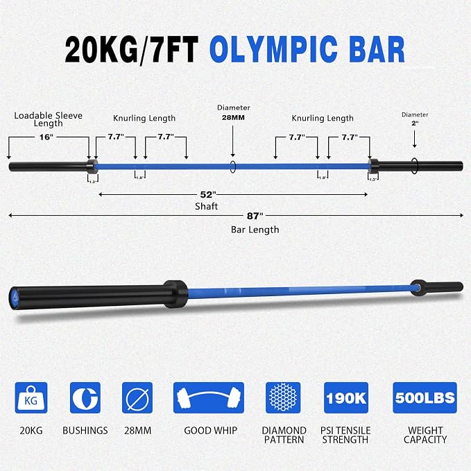 7ft Olympic Barbell for Strength Training, Olympic Weightlifting | 500 700 1000LBS Capacity, 2 Inch 45lb Weight Bar for Squat, Home Gym Fitness Equipment, Bench Press, Deadlift, Powerlifting