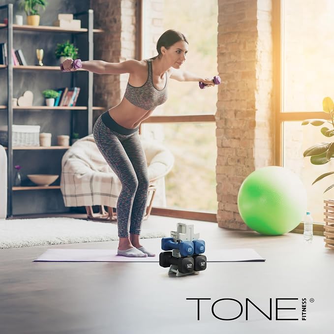 Tone Fitness Neoprene Dumbbell Set with Storage Rack – Non-Slip, Anti-Roll Hand Weights for Home Gym Workouts | 20 lb, 32 lb, 50 lb, 60 lb & 100 lb Options