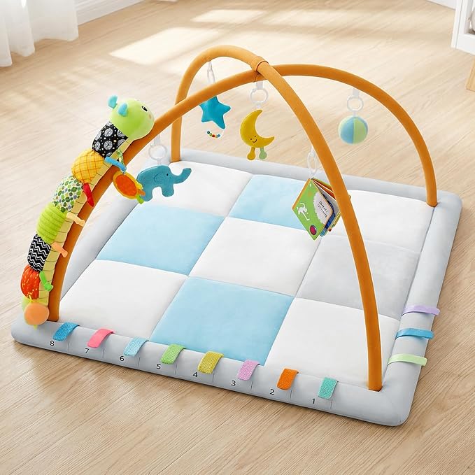 Baby Play Gym & Activity Mat, Baby Tummy time mat w 6 Detachable Toys, Promote Motor Skills & Sensory Development Mat, Newborn Infant Baby Essentials Gift.