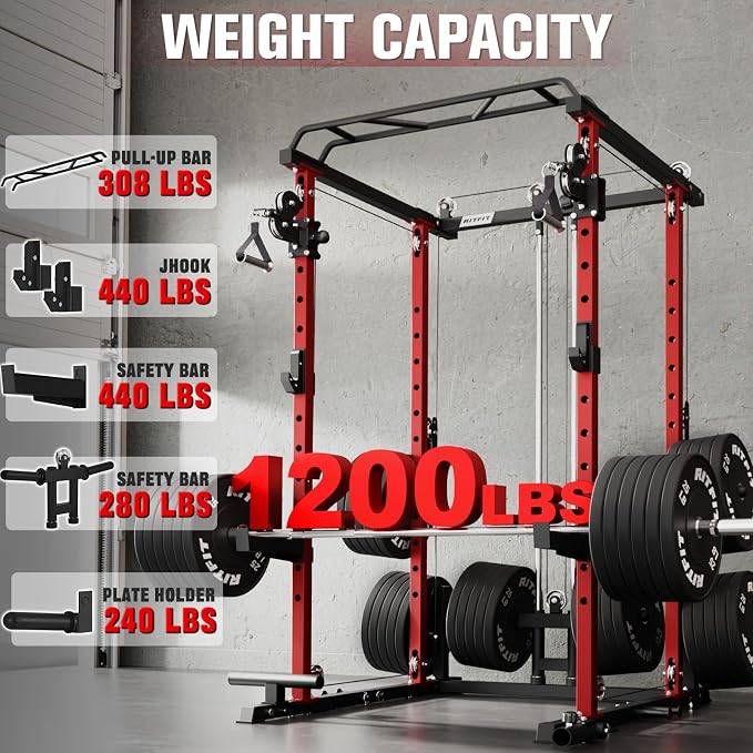 RitFit PPC-P3 Power Cage with Cable Crossover System, 1200LB Capacity | LAT Pulldown & Cable Crossover System with Bumper Plate Set, Olympic Barbell, Bench