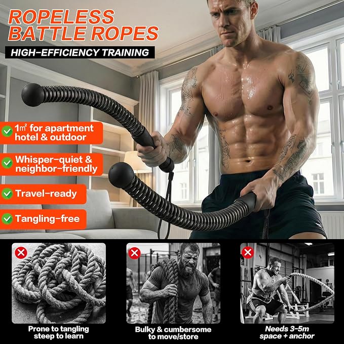 Ropeless Battle Ropes for Home Gym, Portable Cordless Weighted Battle Rope | Storage Bag, Weighted Battle Rope for High Calorie Burn, Men & Women Fitness Equipment, HIIT & Low-Impact Aerobic Training