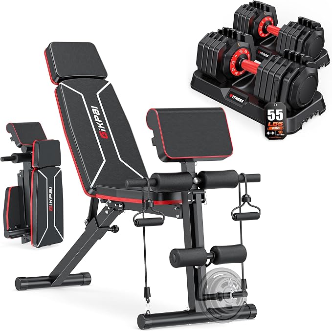 GIKPAL Adjustable Weight Bench - Workout Bench Press for Home Gym | Foldable Incline Decline Sit up Exercise Bench for Full Body Strength Training w/Leg Extension and Preacher Pad
