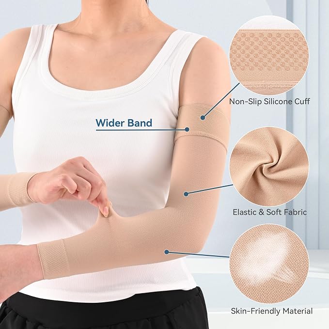 1 Pair Medical Compression Arm Sleeves for Women&Men,No Palm Cover | Full Arm Support,Silicone Anti-Slip Dots,20-30 mmHg Graduated Compression,Lymphedema,Arthritis,Bursitis,Post-Surgery