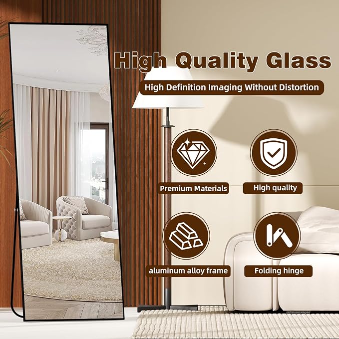 Full Length Mirror with Stand,Full Body Mirror for Living Room and Dressing Room,57"x20" Aluminum Alloy Frame,Hanging or Leaning for Wall,Rectangular, Black