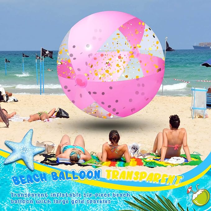 72 Inch Giant Pink Inflatable Beach Ball 6 ft Large Glitter Beach Ball UV Resistant Jumbo Swimming Pool Ball Clear Confetti Ball with a Repair Tape Floatable Ball for Swimming Beach Pool Party Decor