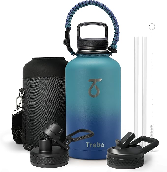 Trebo 64 oz Water Bottle Stainless Steel with 3 Lids, Paracord Handle & Bag | Half Gallon Large Insulated Jug, Triple Wall Vacuum Copper Plated, Dishwasher Safe, Cold 48Hrs for Outdoor, Hiking, Gym