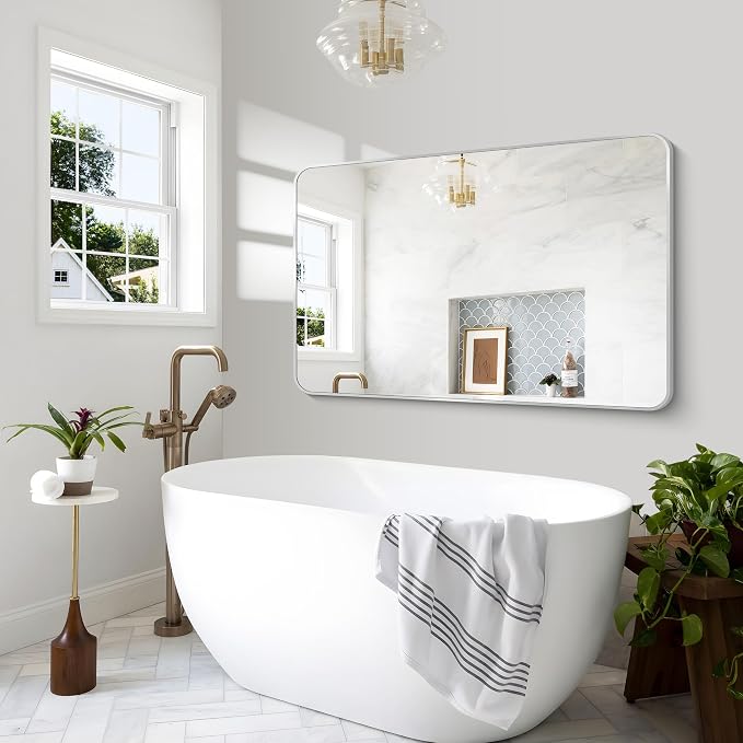 BONEWEI Silver Bathroom Mirror,55x36 inch Wall Mirror for Bathroom Wall Mounted,Rectangle Mirror for Bathroom Over Sink,Modern Frame Round Corner for Living Room,Bedroom Entryway,Horizontal/Vertical