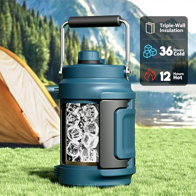 64 oz Insulated Water Bottle for Gym: Meoky Triple Wall Vacuum Stainless Steel Half Gallon Water Jug - Top and Side Handles, 2-in-1 Straw and Spout Lid, Cold for 36 Hrs, Leak Proof for Camping (Denim)